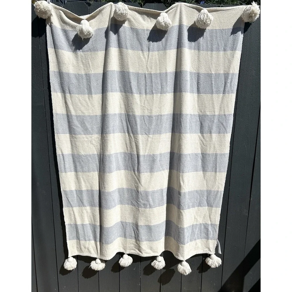 Anthropologie Nayland Boho Pom‎ Pom Throw Blanket 44X46 Coastal Stripe Tassel